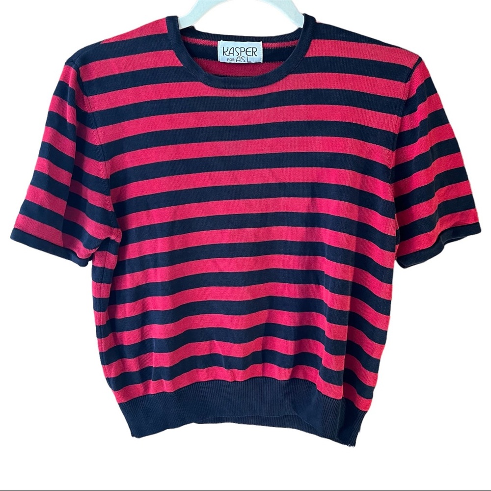 Kasper for ASL Silk Crop Short Sleeve Sweater Red/Navy Stripe Sz 7